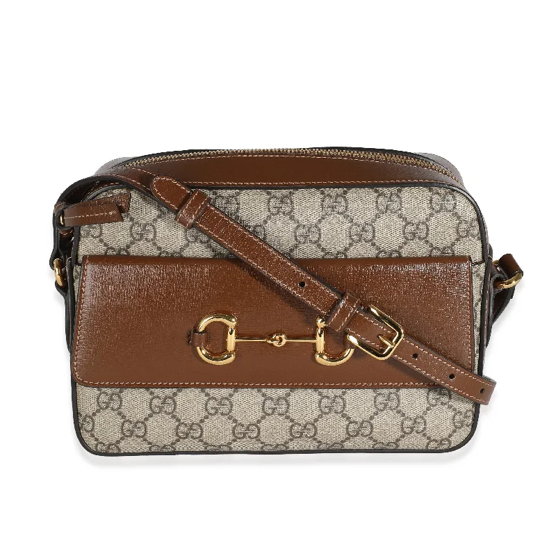 Gucci Beige Brown GG Supreme Monogram Small Horsebit 1955 Shoulder Bag