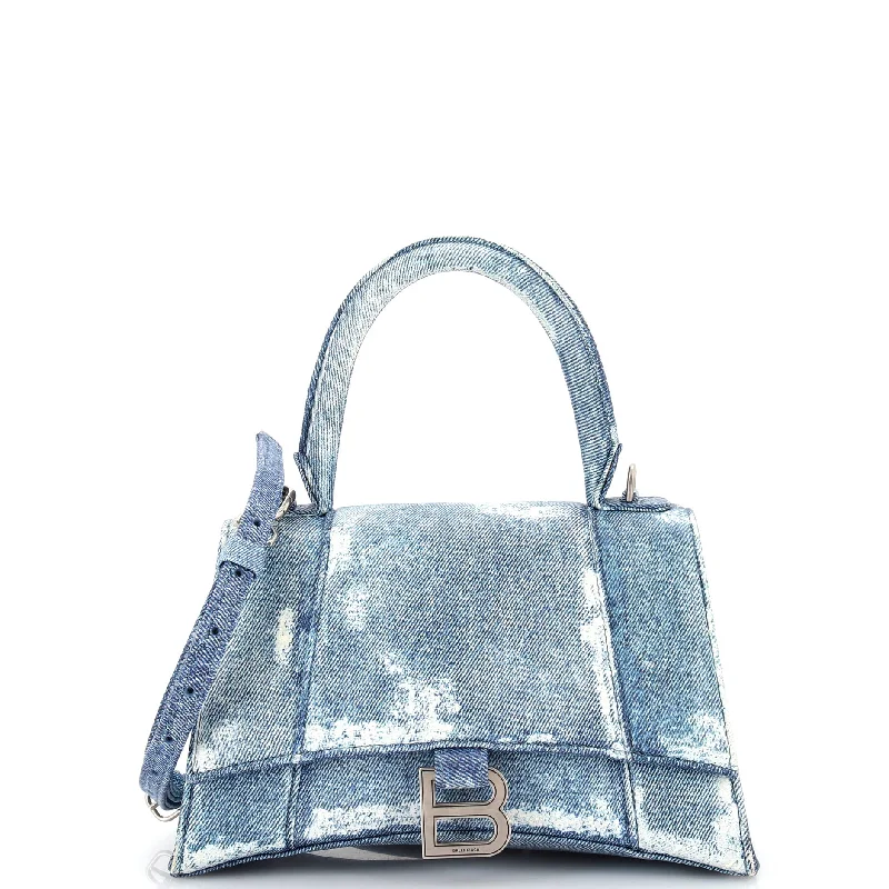 Hourglass Top Handle Bag Denim Printed Leather Small