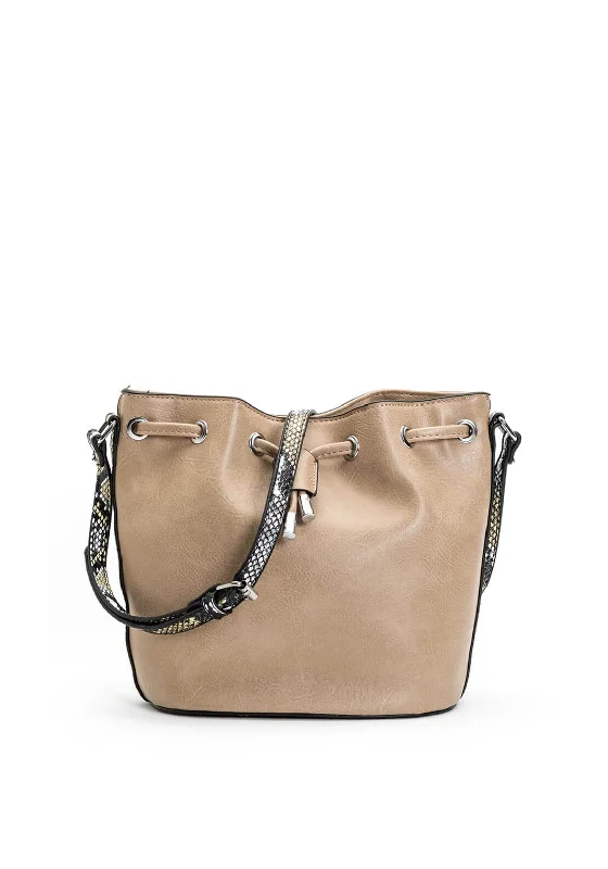 Zen Collection Snake Print Strap Bucket Bag, Khaki