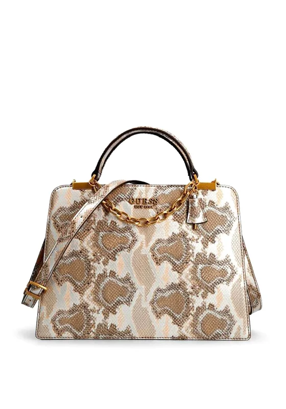 Guess Kristle Snake Print Satchel Bag, 	Natural