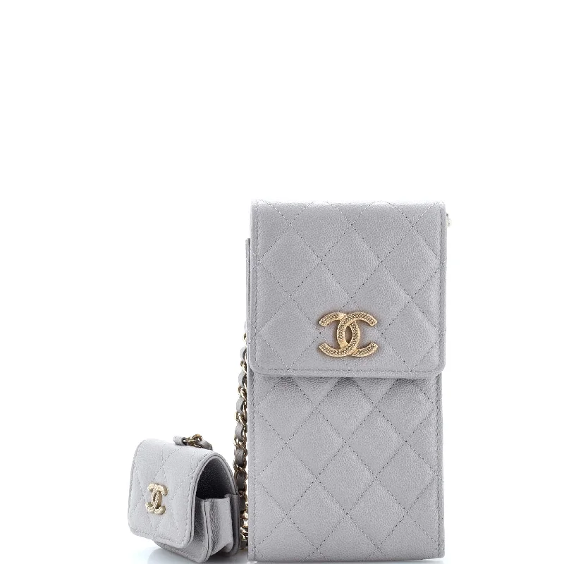 Textured CC Flap Phone Holder Crossbody Bag with AirPods Pro Case Quilted Caviar