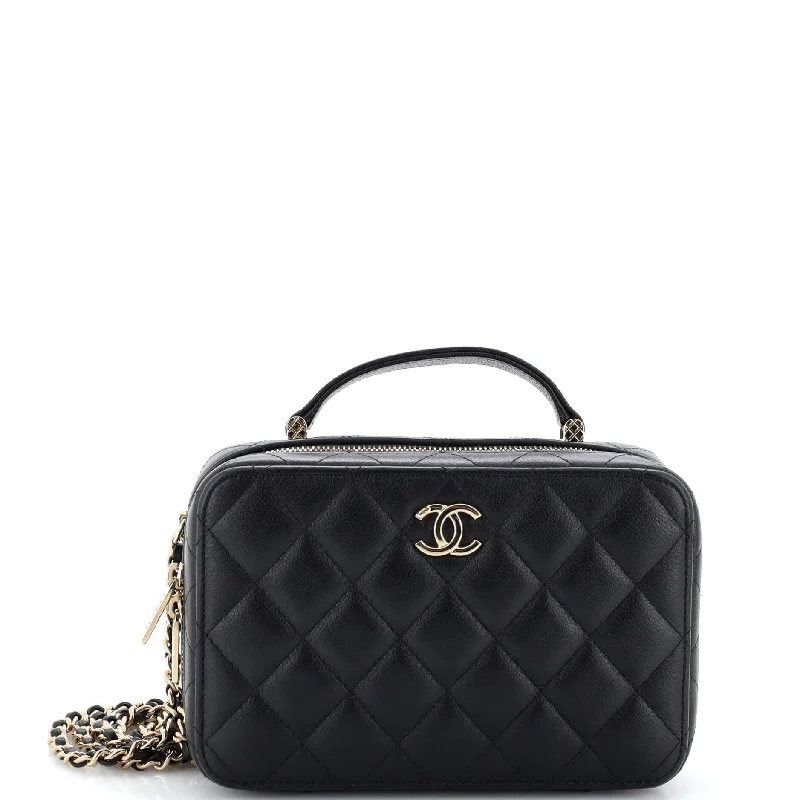 CC Zip Around Top Handle Vanity Case with Chain Quilted Caviar Small