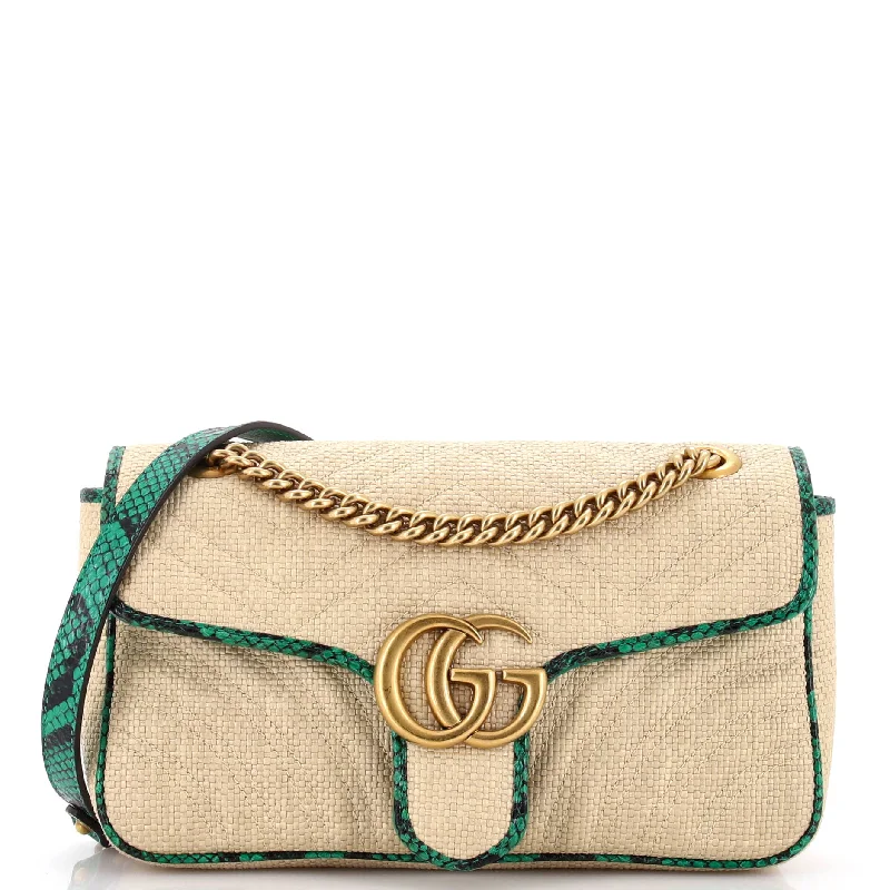 GG Marmont Flap Bag Matelasse Raffia with Snakeskin Small