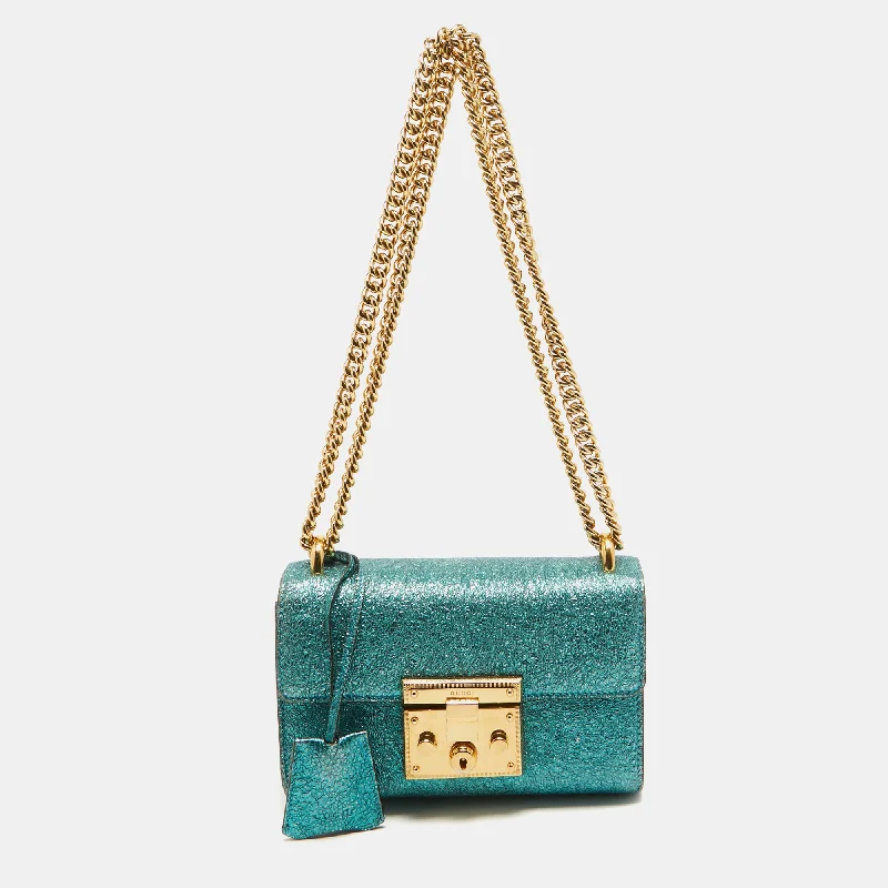 Gucci Metallic Teal Crinkled Leather Small Padlock Shoulder Bag