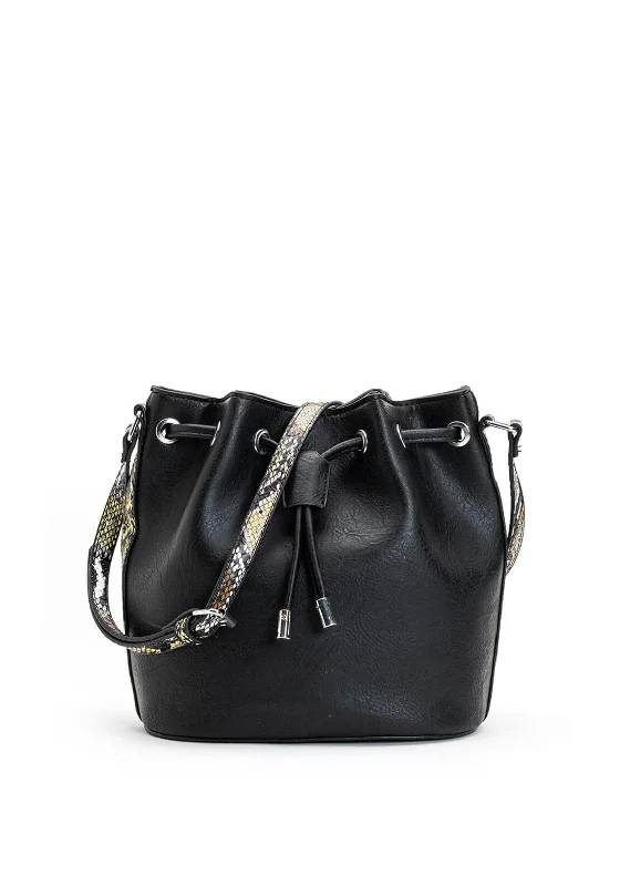 Zen Collection Snake Print Strap Bucket Bag, Black