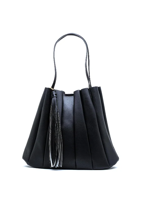 Zen Collection Panel Tassel Large Shoulder Bag, Black