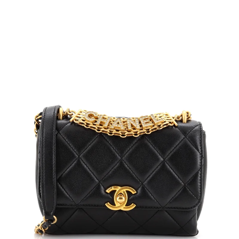 Crystal Logo Letters Chain Handle Flap Bag Quilted Lambskin Mini