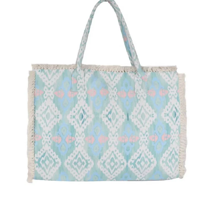 Boho Fringe Canvas Tote Bag In Blue