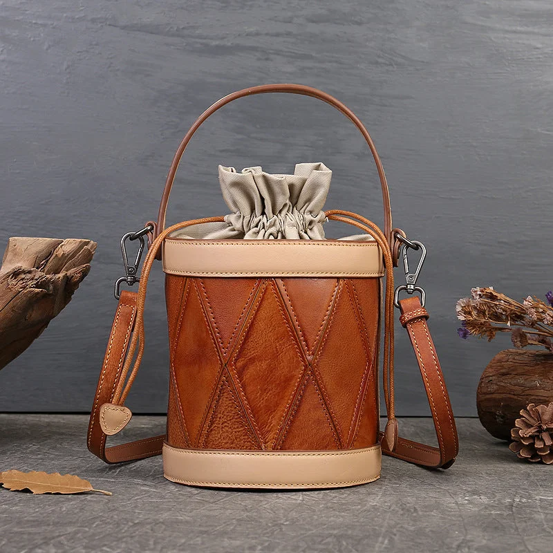 Womens Small Brown Leather Bucket Bag Shoulder Handbags