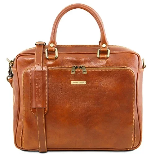 Tuscany Leather Pisa Leather Laptop Briefcase With Front Pocket Honey Leather Laptop Bags