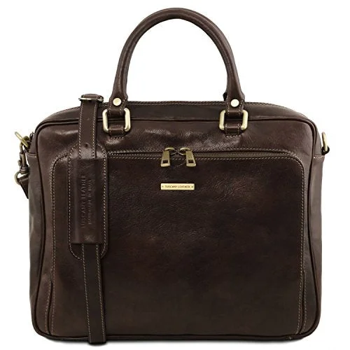 Tuscany Leather Pisa Leather Laptop Briefcase With Front Pocket - Tl141660 (Dark Brown)