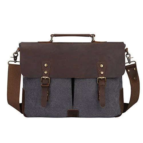 S-Zone Fashion Canvas Genuine Leather Trim Travel Briefcase 15.6-Inch Laptop Bag Upgraded Version