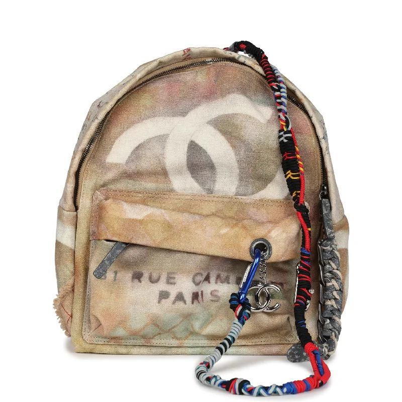 Pre-owned Chanel Graffiti Backpack Beige Multicolored Canvas Silver Hardware