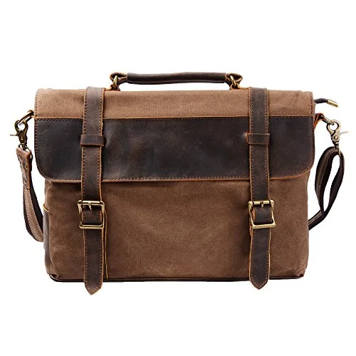 S-Zone Vintage Canvas Genuine Leather Messenger Traveling Briefcase Shoulder Laptop Bag