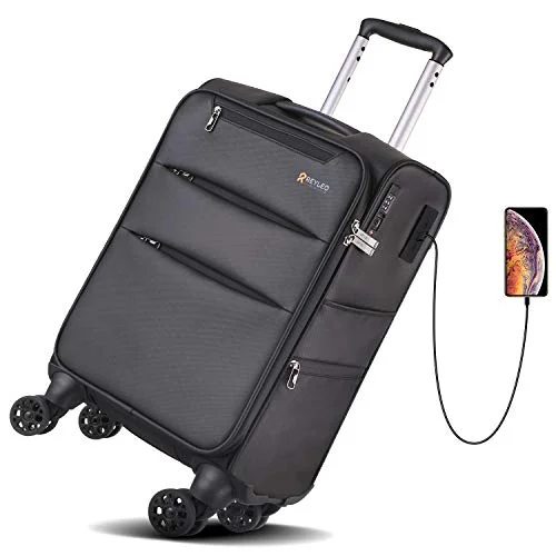 Reyleo Softside Spinner Luggage 20 Inch Carry On Luggage 8-Wheel Travel Suitcase With Usb